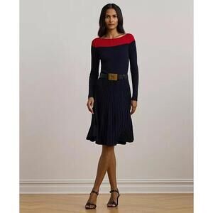 265$ Lauren Ralph Lauren Two-Tone Pointelle-Knit Skirt Dress Size XL Navy Red